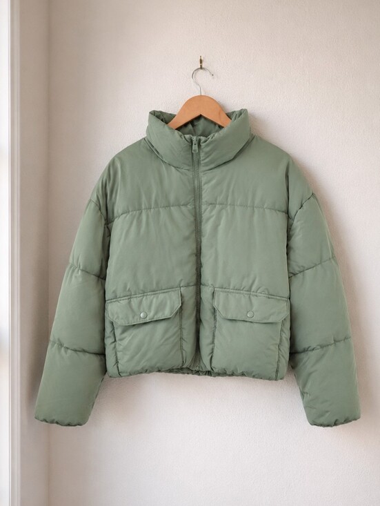 Love Tree Jackets & Blazers - Love Tree Cropped Puffer Jacket Sage Green Quilted Zip Front Womens Large